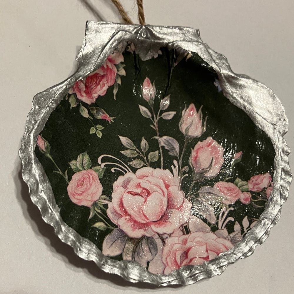 Handcrafted Shell Ornament Pink Floral Silver Metallic Decoupage